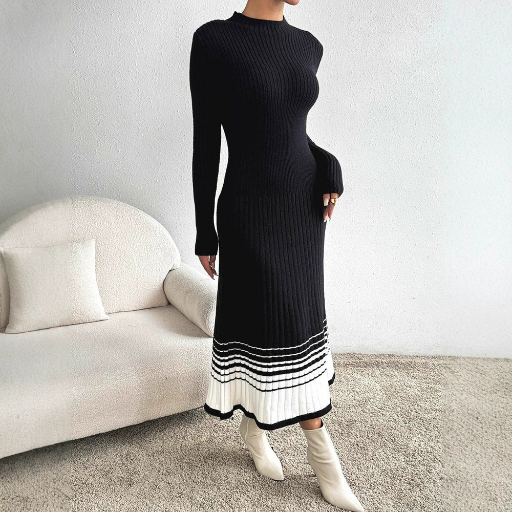 Zara Fall Winter Sweater Dress Black White Striped Pleated Long